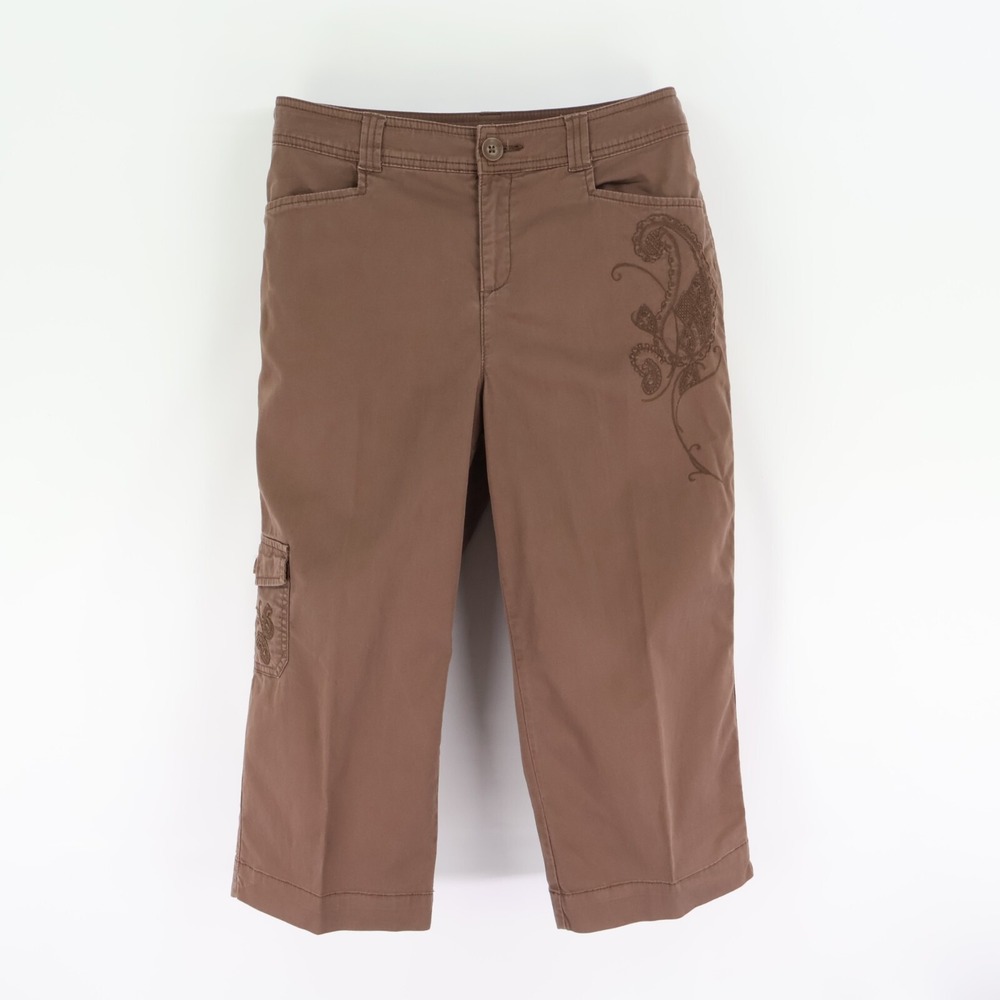 Croft & Barrow Capri Pants Womens Sz 8 Brown Cotton Embroidered Pockets Mid Rise - Picture 1 of 7